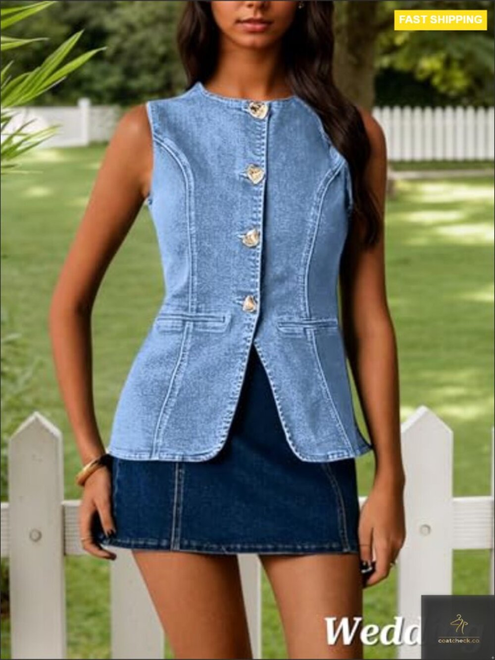 Slim Fit Denim Vest Blazer Sleeveless Crew Neck Button Down Western Y2K - Picture 5 of 7